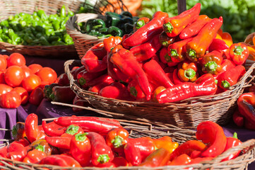 Baskets of Red Chillies at Farmers Market