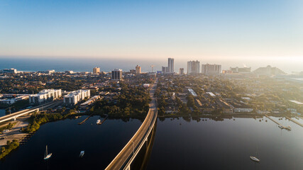 "Daytona Beach, FL USA - 12-10-2020: Aerial shot over the Oakridge Blvd Bridge connecting to the Daytona Beach strip."