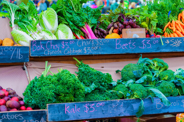 Closeup of vegtable display at farmers market