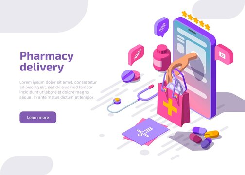 Pharmacy delivery banner. Online drugstore service. Vector landing page with isometric smartphone and hand give bag with medicine drugs, pills, medicaments and medical supplies on white background