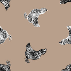 Seamless pattern of drawn decorative black and white hens