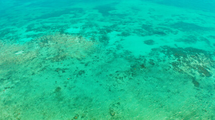 Sea water surface in lagoon with coral reef copy space for text. Top view transparent turquoise ocean water surface. background texture