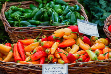 Closeup of baskets of peppers