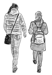 Sketch of a woman and her teen daughter walking along street together