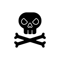 Game over black glyph icon. Player death or loss sign. Computer virus, danger silhouette symbol on white space. Mobile videogame interface element. Skull and bones vector isolated illustration