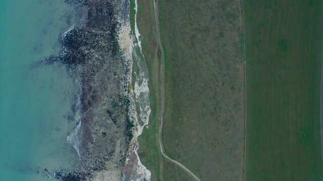 Top down aerial shot of the white cliffs of dover UK
