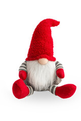 Obraz na płótnie Canvas Scandinavian gnome in red hat decorative christmas toy isolated on white background, nobody