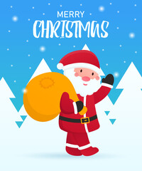 Vector concept of greeting card for New Year and Christmas. Santa Claus walks through a snow-covered forest with a large yellow sack on his back in which there are many gifts and waves his hand.