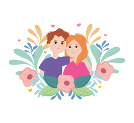 cartoon happy couple with flowers and leaves wreath, colorful design