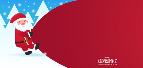 Vector web banner concept. Santa Claus pulls a huge red bag for gifts. Merry Christmas and a Happy New Year. A place for text where you can write wishes or any other text. EPS 10. Gradient.