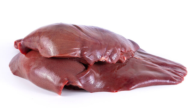 Close up Raw pork liver isolated on white background