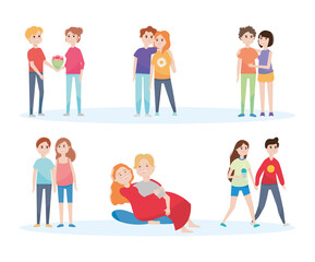 icon set of cartoon young couples, colorful design