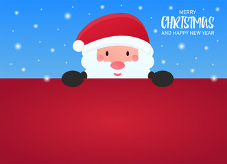 Vector concept of Christmas banner, background. Santa Claus is holding a blank red background on which you can write your festive text. Happy New Year. Christmas theme, discounts and sweepstakes