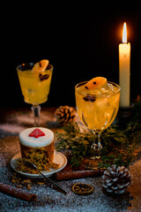 Christmas cake and drink with light.