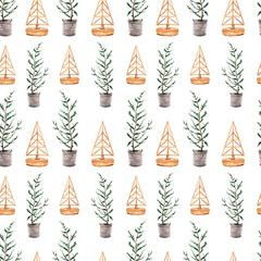 Watercolor Christmas seamless pattern with green Christmas trees in pot and gold. Xmas holiday modern texture for wrapping paper, fabric print, scrapbooking, packaging, greeting card, advent calendars