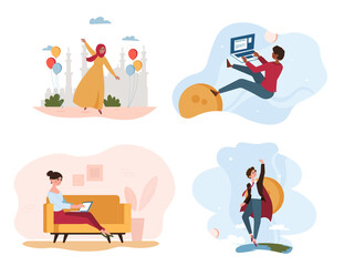 A set of four vector illustrations of diverse multiracial women characters doing different actions. Working on laptops, dancing and dreaming. Cartoon flat vector illustrations
