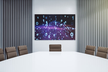 Creative concept of binary code illustration on presentation screen in a modern conference room. Big data and coding concept. 3D Rendering