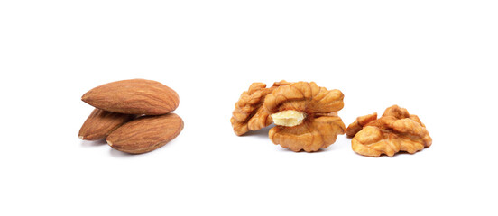 Healty almond and walnuts isolated on white background