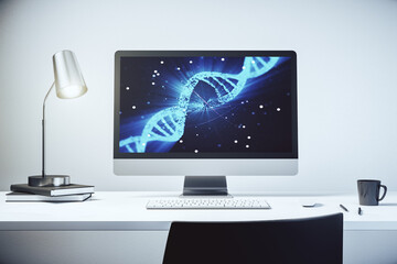 Creative DNA sketch on modern laptop monitor, biotechnology and genetic concept. 3D Rendering