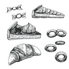 Vector illustration of a set of desserts. Apple pie, cream pie, croissants, candy wrappers, bagels. The food is hand-drawn.