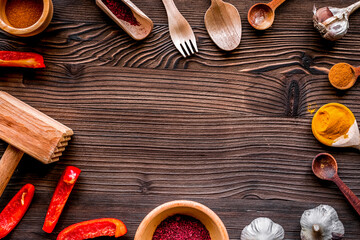 composition of cooking tools and spices top view space for text