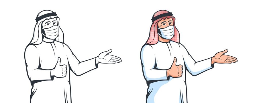 Muslim arabian man in medical mask with welcomes gesture. New normal. Arabic man in face mask thumbs up. Vector illustration.