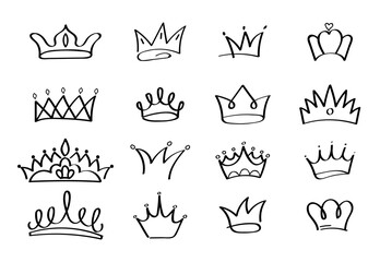 Crowns vector set in doodle style. King and queen crown as sketch. Outlines royal family signs. Simple diadems for princess. Luxury accessories for prince. Imperial attributes in graffiti hand drawn.