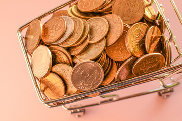 Russian coins in a supermarket basket isolated on a light background. Russian metal money. Cash loan. Small wages. Selective focus.
