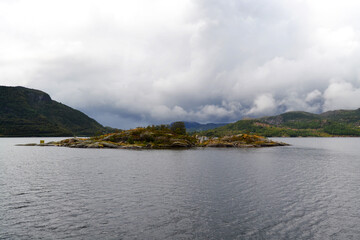 Norwegian fjord, mountains and islands. Natural landscape view, Norway. A boat trip in the...