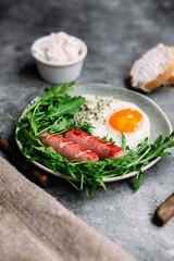 background, beans, bread, breakfast, concept, cooking, dish, english, flat lay, food, fork, gray, healthy, hearty, irish, keto, meal, microgreen, morning, nutritious, parsley, pepper, pork, sauce, sea