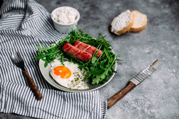 background, beans, bread, breakfast, concept, cooking, dish, english, flat lay, food, fork, gray, healthy, hearty, irish, keto, meal, microgreen, morning, nutritious, parsley, pepper, pork, sauce, sea