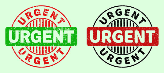 URGENT bicolor round imprints with scratched texture. Flat vector textured seal stamps using URGENT phrase inside round shape, in red, black, green colors. Round bicolor stamps.