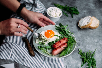 background, beans, bread, breakfast, concept, cooking, dish, english, flat lay, food, fork, gray, healthy, hearty, irish, keto, meal, microgreen, morning, nutritious, parsley, pepper, pork, sauce, sea