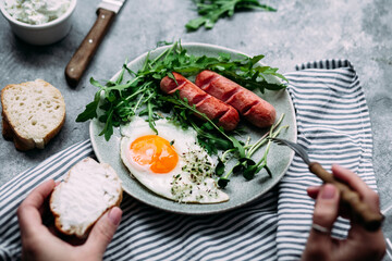 background, beans, bread, breakfast, concept, cooking, dish, english, flat lay, food, fork, gray, healthy, hearty, irish, keto, meal, microgreen, morning, nutritious, parsley, pepper, pork, sauce, sea