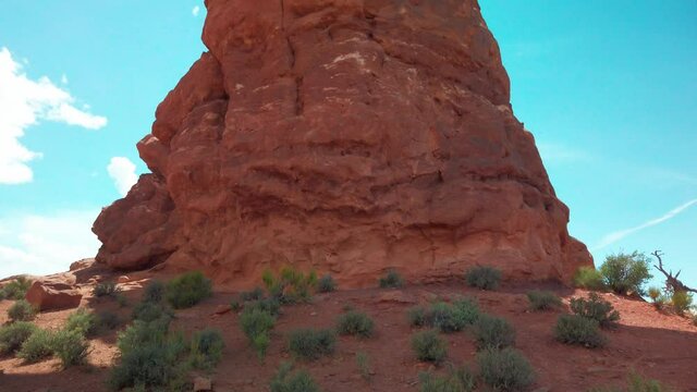 Tilting close-up shot of Balance Rock in Arches National Park, Utah. 4K