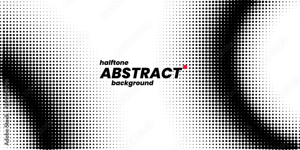 Poster Halftone in abstract style with place for text. Geometric retro banner vector texture. Modern print. White and black background. Light effect