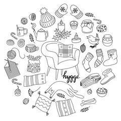 Hygge is a Danish living concept. Vector background set with hand drawn illustrations cozy home things. Lettering hygge.