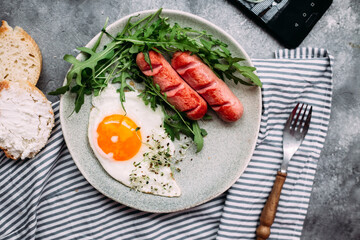 background, beans, bread, breakfast, concept, cooking, dish, english, flat lay, food, fork, gray, healthy, hearty, irish, keto, meal, microgreen, morning, nutritious, parsley, pepper, pork, sauce, sea