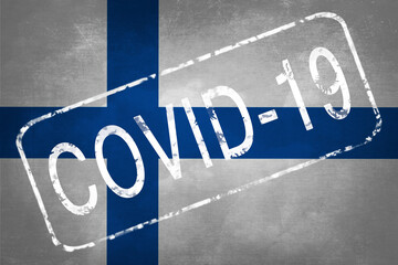 The stamp "COVID-19" on the background of the flag of Finland. Quarantine during the COVID-19 coronavirus pandemic in Finland. Anti-epidemic quarantine measures.