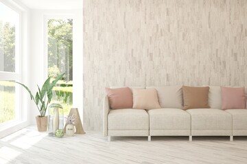White living room with sofa and summer landscape in window. Scandinavian interior design. 3D illustration