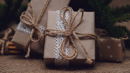 Fototapeta na wymiar Closeup of craft paper gift box