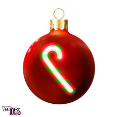 Obraz premium Red Christmas ball decorated candy cane, green neon lamp, isolated on white. Icon, glossy realistic bauble. Merry xmas, New year design decoration. Modern fluorescent. Vector illustration