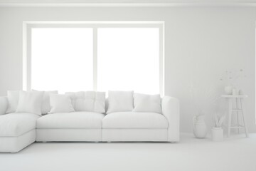White minimalist living room with sofa. Scandinavian interior design. 3D illustration