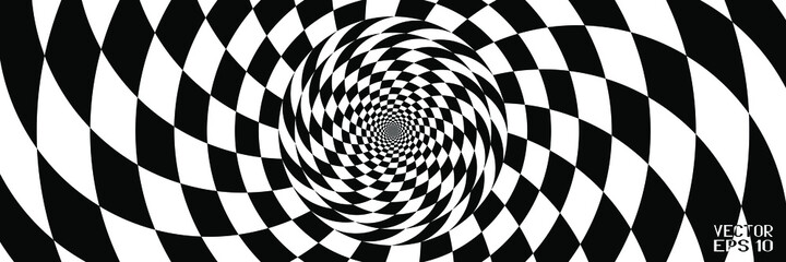 Abstract Black and White Pattern with Spiral. Contrasty Optical Psychedelic Illusion of Tunnel. Smooth Lines and Chessboard in Perspective on White Background. Vector. 3D Illustration