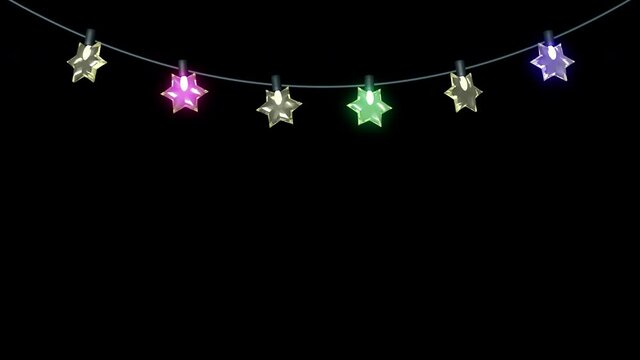 Colorful, star shaped, flashing, Christmas lights, hanging down, 3D animation  on transparent background in 4K version only and with alpha matte for HD version.