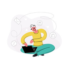 Vector flat illustration concept of work, communication and entertainment online. it shows young man with laptop, he is sitting in lotus position.