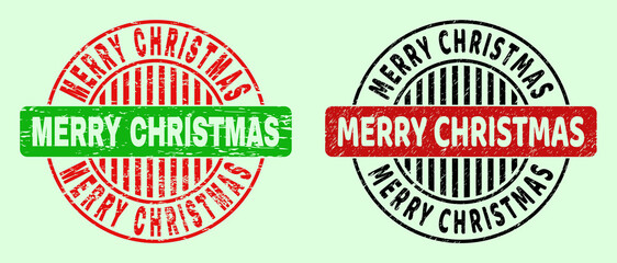 MERRY CHRISTMAS bicolor round rubber imitations with scratched style. Flat vector scratched seal stamps with MERRY CHRISTMAS text inside round shape, in red, black, green colors.