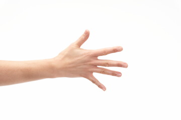 Open hand with five fingers on white background, copy space