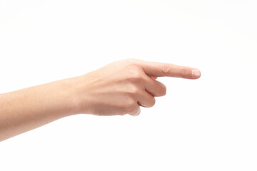 Hand with pointing finger on white background, copy space
