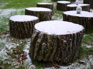 environment design- wooden stumps as chairs or tables covered in snow